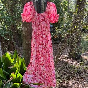 H&M Pink Watercolor Floral Sundress with Smocked Detail, maxi dress, size S